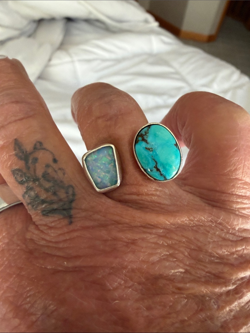 Turquoise and Opal Sterling Ring Duo - Blue Gemstone Split Ring